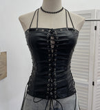 Punk Babes Hollow Strapped Braped Pu Skin Top Female Tight Sexy Short Hanging Neck Vest 2765