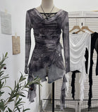 Real Shooting Swing ë·ë· ɴ Mesh Stitching Lace Long Sleeve Bottom Top Irregular Ribbon Design T-Shirt 1322