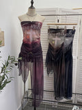 Real Shot With Chest Pad Anti-Slip Strip Net Yarn Printing Tector Woman Thin Perene Single-Layer Irregular Dress 1309
