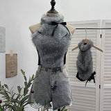 Real-Shot Bow Decorative Hair Splicing Elastic Hanging Neck Vest Outside Wearing Hairy Short Grinding Coat 2791