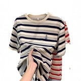 Fashion Classic Striped T-Shirt Women's Short-Sleeved Summer New Embroidered Bear Loose Half-Sleeved Casual Cotton Collar Top