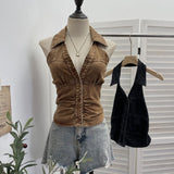 Hanging Neck V-Neck Single Buckle Denim Vest Repair Behind The Back Tight To Take A Short Sleeveless Top Lady 830