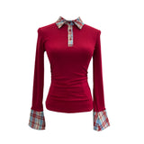 Vintage Check-In Polo Collar Spliced Long-Sleeved T-Shirt Grinder Slimy Wrinkle Bottom Shirt 1390