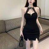 Hottie Style Black Lace Hanging Neck Sling Dress Female Senior Feel Sister French Ass Skirt Short Skirt