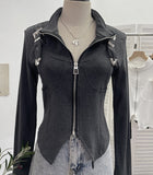 Real Shooting Irregular Zipper Collar Short Small Coat With Long Sleeves And Bottom Shirt 2680