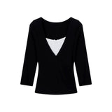 Vintage Black V-Necked Two Long-Sleeved T-Shirt Women In Early Autumn Slimming Inside The Bottom Of The Leisure Blouse Tide