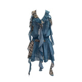 Hanging Neck Lotus Leaf Side Ribbon Print Between The Draw Folded Lace With Bareback Bow Dress 22070