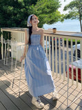 Gentle Style Temperament Blue Lattice Slinged Skirt Women's Summer New French High-End Waist Dress