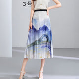 2025 New High-Rise Half-Dress Woman Tight Waist Ink Print Design Sense A-Character Skirt In The Long Folded Skirt