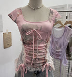 Heavy Industrial Lace Splicing Elastic Print With Bow Short-Sleeved T-Shirt 6185