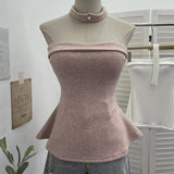 Real Shot With Chest Cushion A Word Shoulder Knitted Vest Around The Neck Design Wrap Waist Thin Tset 9295