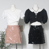 Romantic Style Pink Petal Bling Squint Short Skirt Women Summer New A-Word Bag Hip Skirt 8929