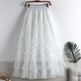 Lotus-Leaf Yarn Skirt Fairy Dress Girl 2025 Summer Slim Dress High-Waist A-Shaped Mesh Cake Skirt