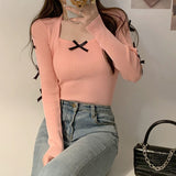Sweet Three-Dimensional Bow Bow Collar Long-Sleeved Knitted Shirt Women Autumn New Design Sense Of Beauty To Put On The Top