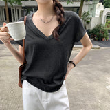 Korean Loose And Beautiful Pure Desire V-Neck Snowflake Short-Sleeved T-Shirt For Girls Summer New Lazy And Relaxed Hottie Top
