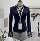 Vintage Check-In Polo Collar Spliced Long-Sleeved T-Shirt Grinder Slimy Wrinkle Bottom Shirt 1390