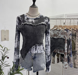 Solid Shooting Tie-Dye Print Spliced Denim T-Shirt Girl Autumn Design Sense Irregular Hair Side Short-Sleeved Top 2617