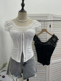 Real Shot Lace Splicing Mesh Yarn Bra Vest Summer Hook Buckle Fish Bone Girded Short Shirt 2878
