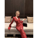 Vintage Black Lace Dress Girl Spring Sleeves To Close The Waist Dress French Royal Sister Temperament Ass Long Dress