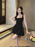 French Hepburn Style Square Tie Dress Women's Summer New Temperament Simple High-End Feeling Waist Thin Skirt