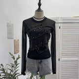 Real Shooting Spice Girls Irregular Hairy Denim Splicing Perspective Mesh Long Sleeves Bottom Shirt Short T-Shirt 8978