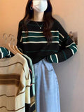 Short Knitted Shirt Women Spring Autumn Korean Chic Style Wearing Striped Hit-Bottomed Shirt Lazi Long-Sleeved Top