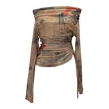 Vintage Graffiti-Printed Shoulder-Threin Mesh Long-Sleeved Blouse Side Drawstring Tethered With Slime T-Shirt 8959