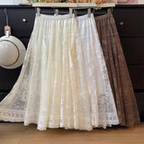 2025 Summer French Gentle Hollow Lace Lace Half-Dress Woman High-Waist A Word Folded Loose Umbrella Skirt
