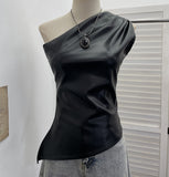 Sexy One-Shoulder Sleeveless Vest Pu Leather Side Zipper Repair Short Sleeveless Top 8116