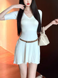 V Collar Half-Sleeved Knitted Dress Woman 2026 Summer Babes Slimmed Short Skirts Thin Waist A-Word Dress