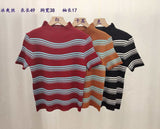 Korean Version Of The Half-High-Necked Striped Knitted Short-Sleeved Woman 2026 Spring And Summer New Burst Bare Waist Short Small Clothes
