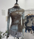 Pure Want To Play The Bottom Of The Long-Sleeved T-Shirt Design Hollow Print Irregular Mesh Yarn Personality Hottie Top 2629