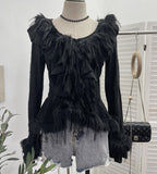 Real Shooting Waste Soil Wind Irregular Wood Ear Trumin Knitting To Make Old Hole Splicing Hairy Blouse Hottie Cardigan 2987
