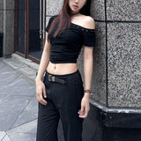 Spice Girls Slant Shoulder Rivet Design Short Sleeve T-Shirt Women's Summer Small High Sensing Black Slim-Sleined T-Shirt