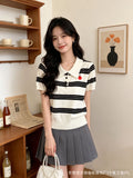 Vintage Style Stripe Polo Collar New British Style Summer Short-Sleeved Knitted Shirt Women's Casual Soft-Chamed Top