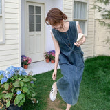 Korean Chic Lace Splicing Sleeveless Dress 2026 Summer Thin Temperament Fashion Retro Denim Dress Dress