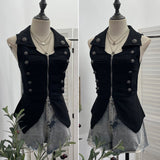 Vintage Metal Double Buckle Elastic Repair Waist Zipper Shirt Over-Necked Short Vest Vest 6295