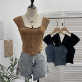 Real Clapping Collarbone Shoulder T-Shirt Women's Summer Mesh Spliced Denim Repair Short Sling Sling Vest 19051