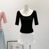 Purely Sexy Slime U-Neck Shoulder Short-Sleeved T-Shirt Commuting Summer New Thin Luxury High-End Feel Blouse