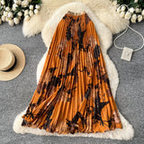 Vintage Print 100-Fold A-Word Niche Dress Women High Waist Thin Design Sense Commuting High-End Long Dress