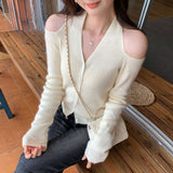 Lazy High-End Feeling Hanging Neck Long-Sleeved Knitted Shirt Autumn 2025 New Big Look Light French Lame Shoulder Coat