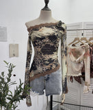 Real Shooting Lace Splicing Oblique Shoulder Thin Tie-Dye Mesh T-Shirt Girl T-Shirt T-Shirt Shawl T-Shirt 9986