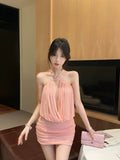 Holiday Style Solid Color High-End Hanging Neck Mesh Yarn Splicing Dress Women Summer Waist Sexy Hot Girl Ass Skirt
