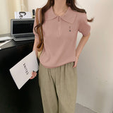 Fashion Embroidered Collar Half Zipper Short-Sleeved Sweater Knitted Women's Spring New Languid Top Casual