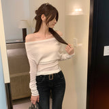 One-Word Shoulder Collar Gentle Little Scented Thin Long-Sleeved Knitted Shirt Girl Early Autumn New Korean Temperament Repair Body