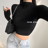 Slim Bottom-Up T-Shirted Hot Girls Half-High Collar In The Wind Autumn New Elastic Strength Thin High Waist Short Inside The Top Woman