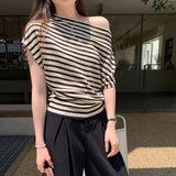 Beautiful And Beautiful Striped Slanted Shoulder Short-Sleeved T-Shirt Woman 2025 New Lazy High-End Feel On The Shoulder