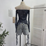 Real Shot Raging Butterfly Embroidery Y2k Babes Punk Word Shoulder Tie-Dye Mesh T-Shirt With Short Top 1319