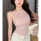 Pink Mesh Splicing Hanging Neck Vest Sling Women's Summer Pure-Bouted Bow Sleeveless Top