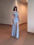 Blue Net Yarn A Word Shoulder Dress Women's Summer Seaside Holiday Pure Temperament To Dress Up With A Long Ass Fishtail